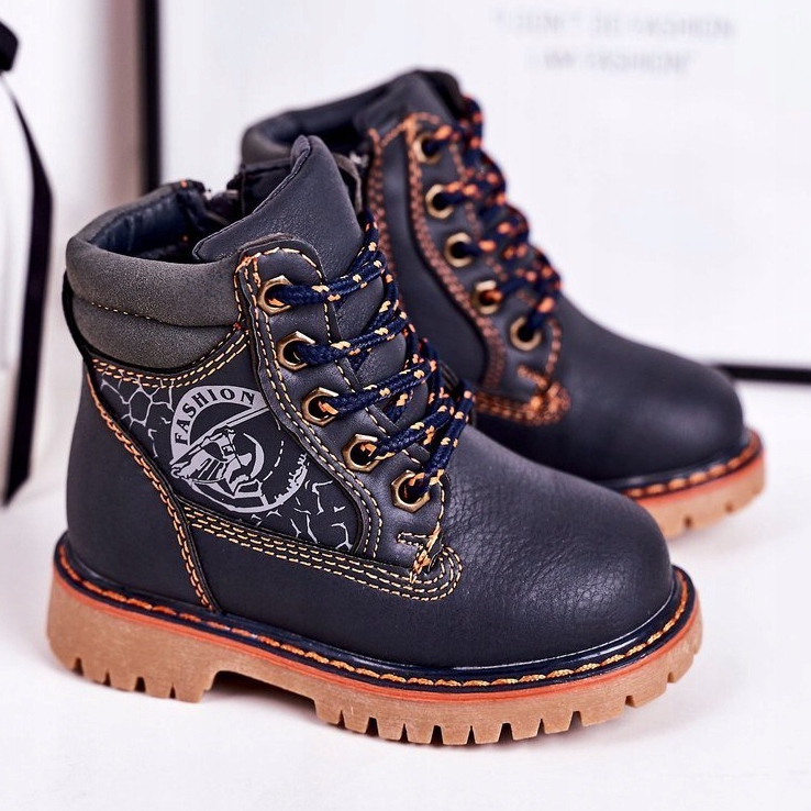 PL1 Armadilhas de botas aquecidas para crianças em um bobby azul marinho com sola de borracha laranja 1