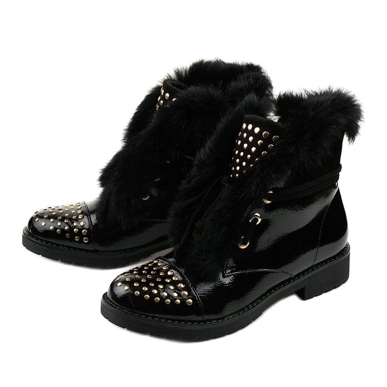 Botas femininas com isolamento achatado preto lacado 1