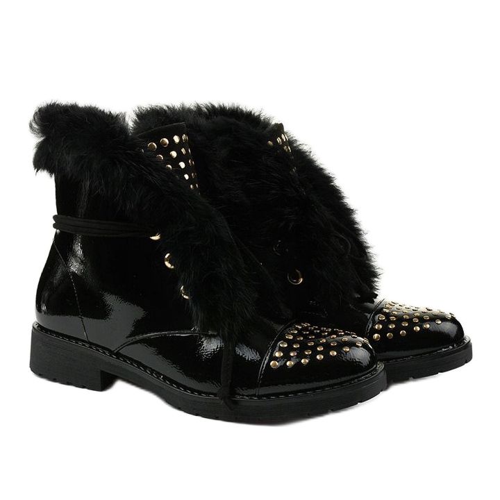 Botas femininas com isolamento achatado preto lacado 2