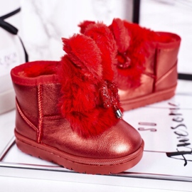 Botas de neve infantis com pele e orelhas de coelho vermelhas vermelho 1 Botas de neve infantis com pele e orelhas de coelho vermelhas vermelho 1