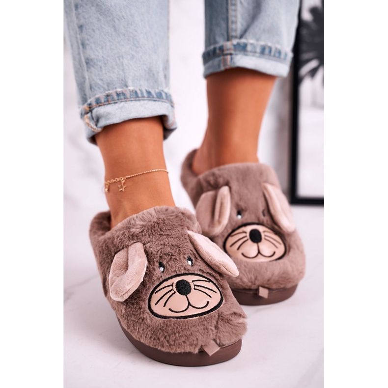 JOMIX Chinelos femininos de pêlo bege para ratos, lar doce lar castanho 1