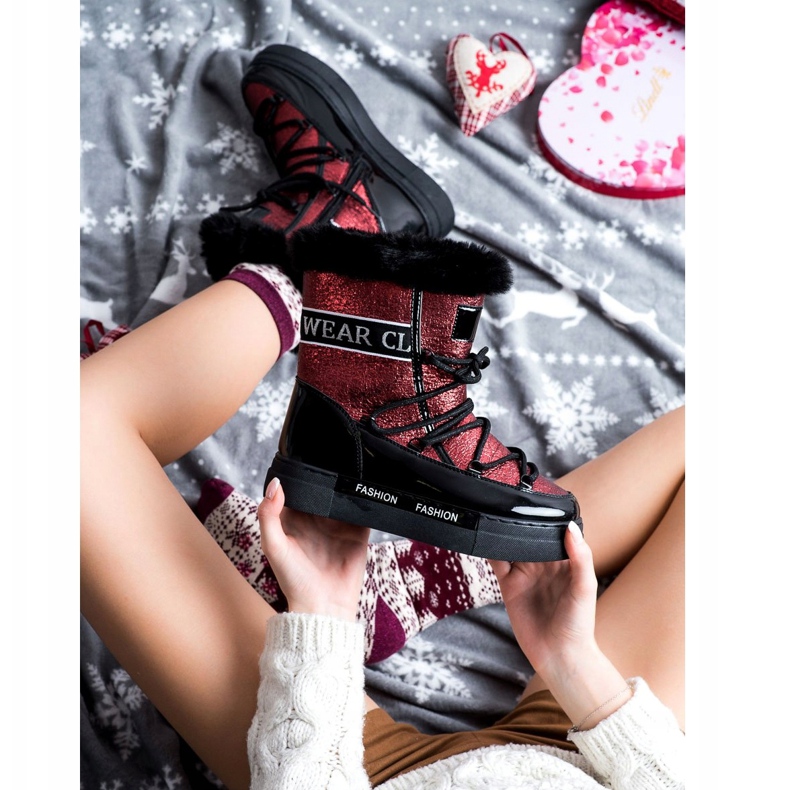 SHELOVET Botas de neve brilhantes da moda preto vermelho 1