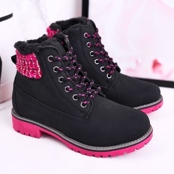 Apawwa Caçadores de botas infantis isolados com pele de floresta negra preto rosa 2 Apawwa Caçadores de botas infantis isolados com pele de floresta negra preto rosa 2