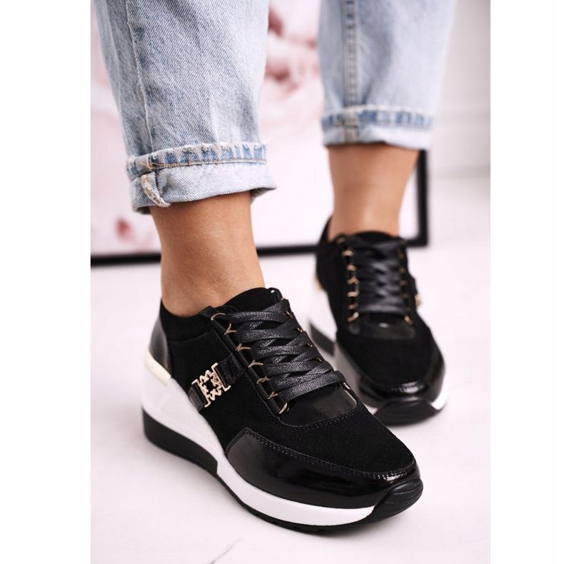 S.Barski Tênis feminino de couro preto dourado Roxette 1