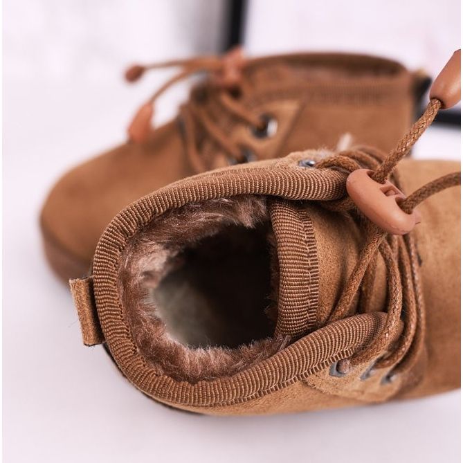 Botas de neve com cordões para crianças aquecidas com pele marrom caçador 1