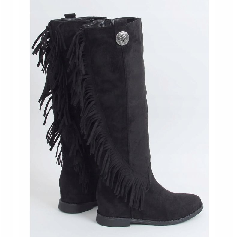 Botas com franjas, cunha oculta preto ST-28P Preto 1 Botas com franjas, cunha oculta preto ST-28P Preto 1