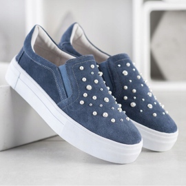 Filippo Slipons de couro com pérolas azul 2