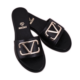 Nicole Chinelos femininos clássicos de couro preto evie 1