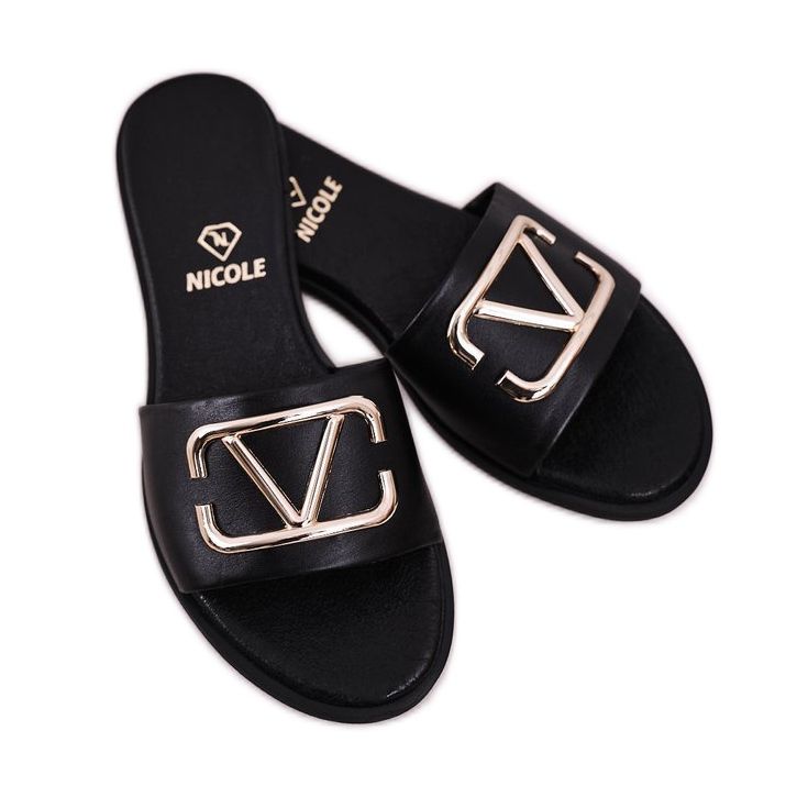 Nicole Chinelos femininos clássicos de couro preto evie 1