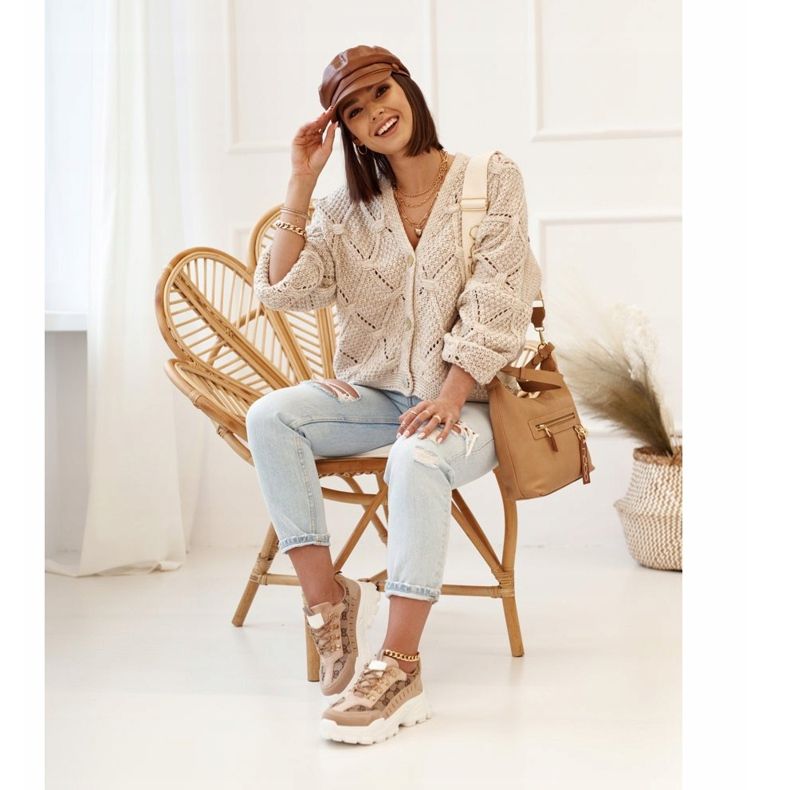 Tênis feminino com solado enorme caqui Daydreamer bege castanho dourado 2