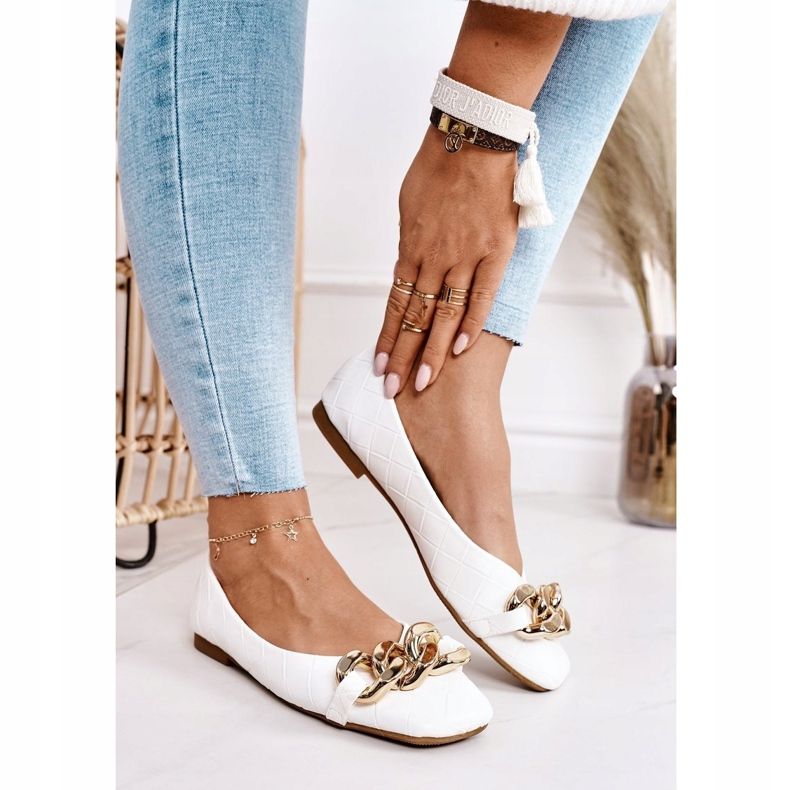 PS1 Bailarinas elegantes acolchoadas com corrente White Coco branco 2 PS1 Bailarinas elegantes acolchoadas com corrente White Coco branco 2
