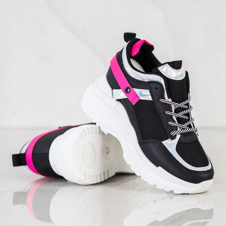 Marquiz Tênis de cunha preto rosa 1