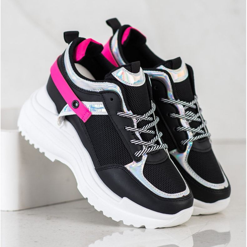 Marquiz Tênis de cunha preto rosa 2