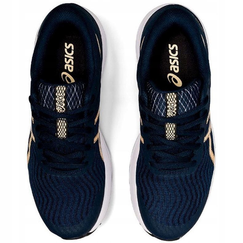 Tênis de corrida feminino Asics Patriot 12 azul marinho 1012A705 403 dourado 1