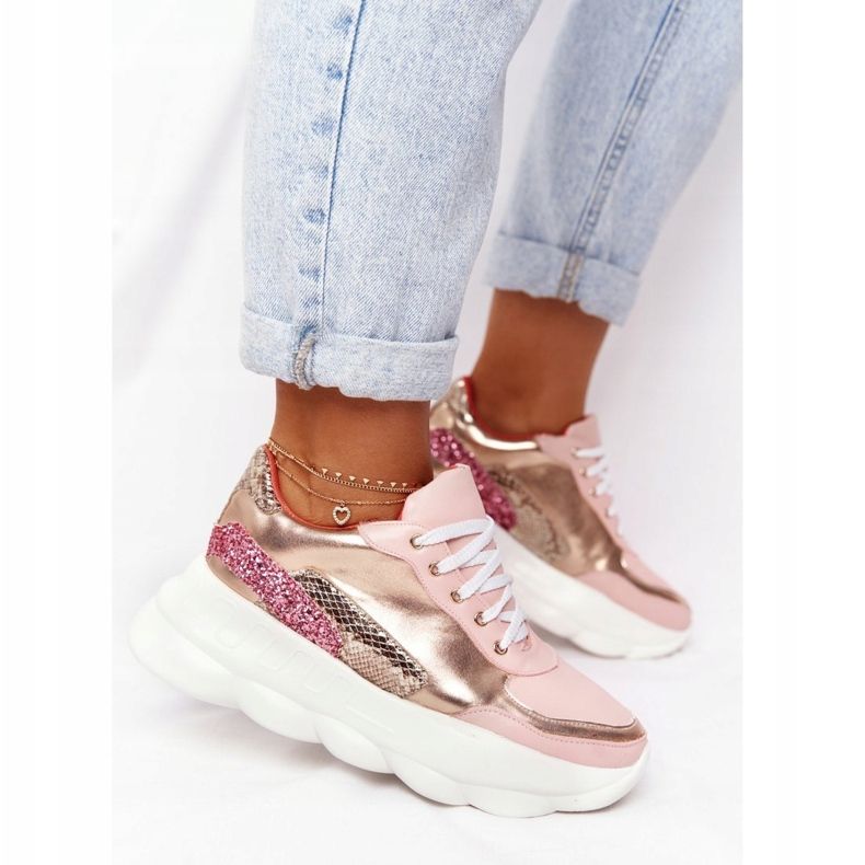 Calçados esportivos femininos na plataforma lu boo rosa dourado 2