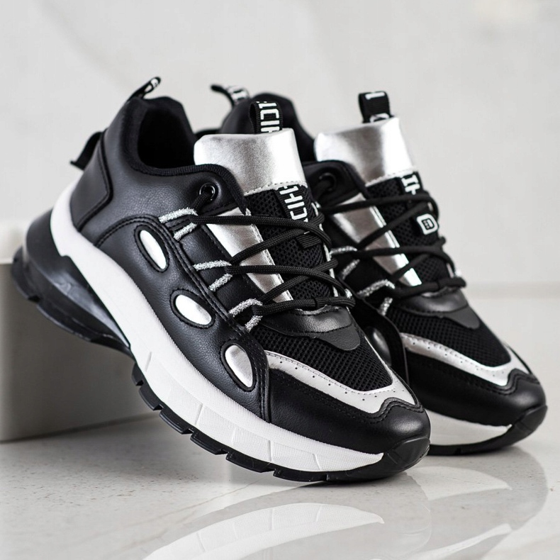 SHELOVET Tênis elegantes de couro ecológico preto prata 1