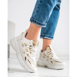 SHELOVET Tênis elegantes de couro ecológico bege dourado 1