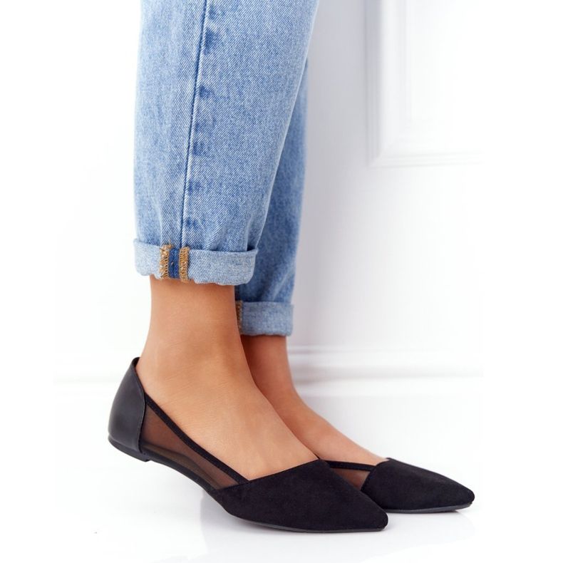 Bailarinas de camurça preta no Spitz com rede preto 1