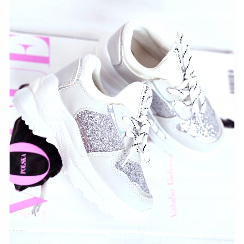 FRROCK Calçado desportivo infantil com brocado prateado Matylda branco prata cinza 2
