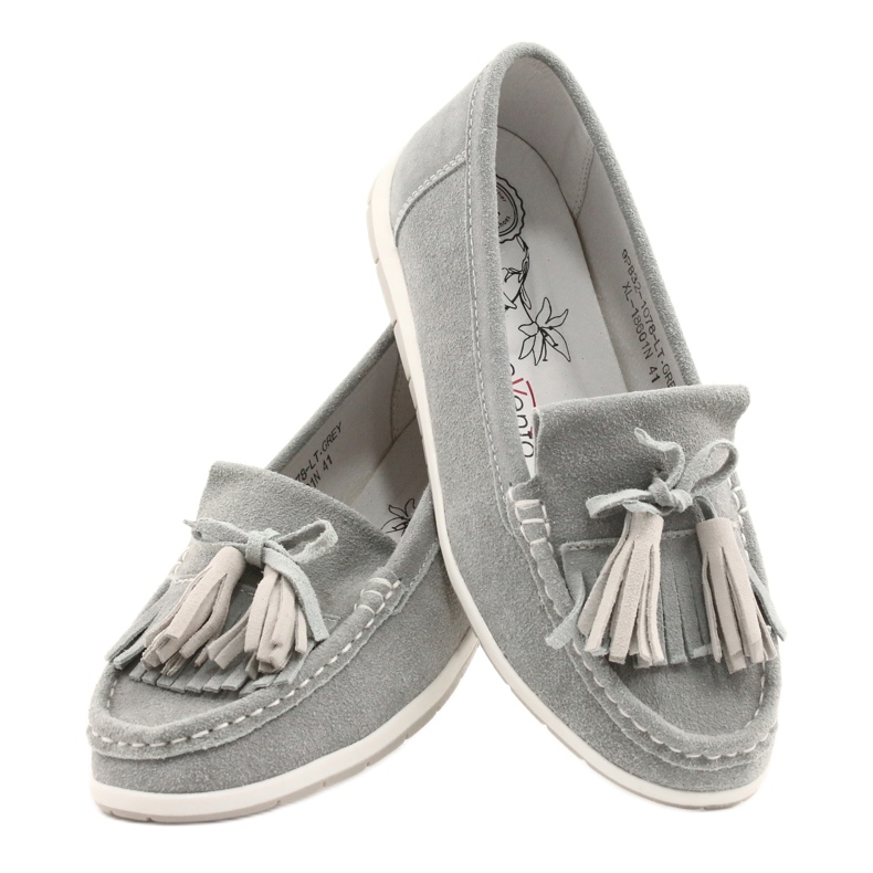 Evento Mocassins femininos, couro camurça com franjas, batist cinza 3