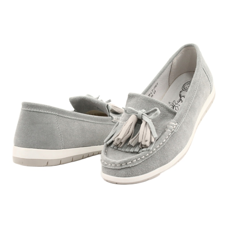 Evento Mocassins femininos, couro camurça com franjas, batist cinza 2