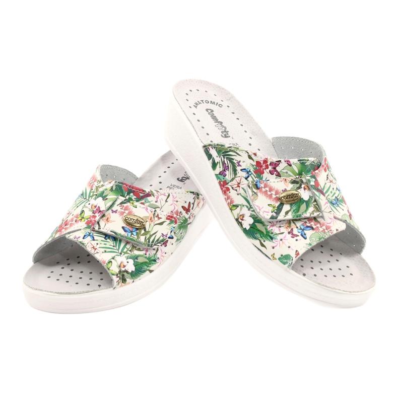 Comfooty Flip de couro feminino com flores branco 4