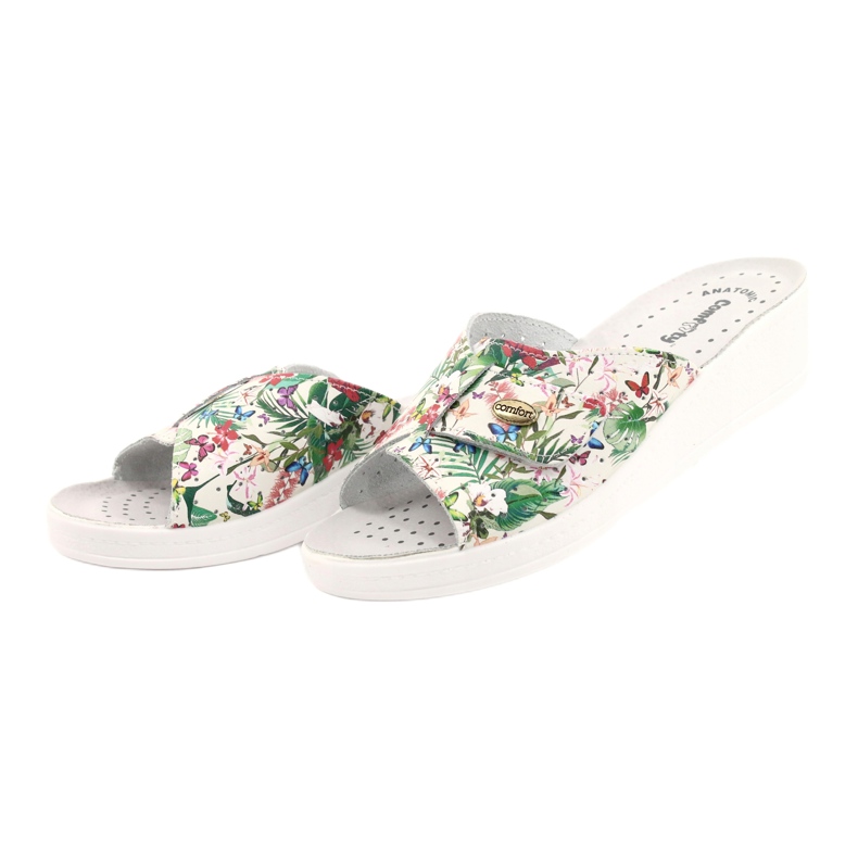 Comfooty Flip de couro feminino com flores branco 2