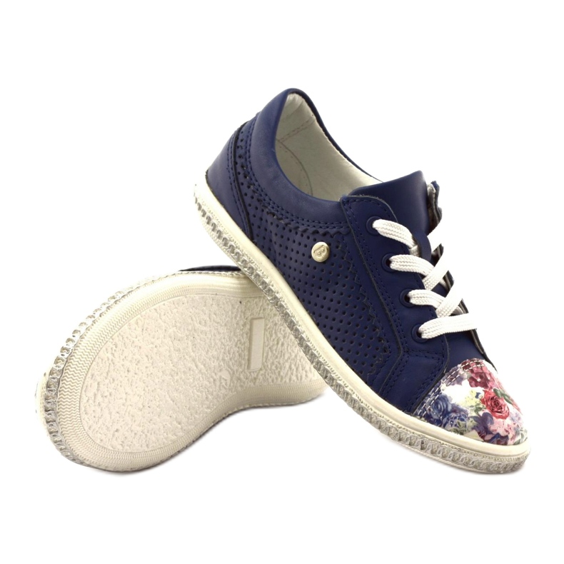 Sapatos de couro azul marinho feminino com flores 85524 Bartek 3