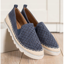 SHELOVET Slipony Openwork com camurça azul marinho 2