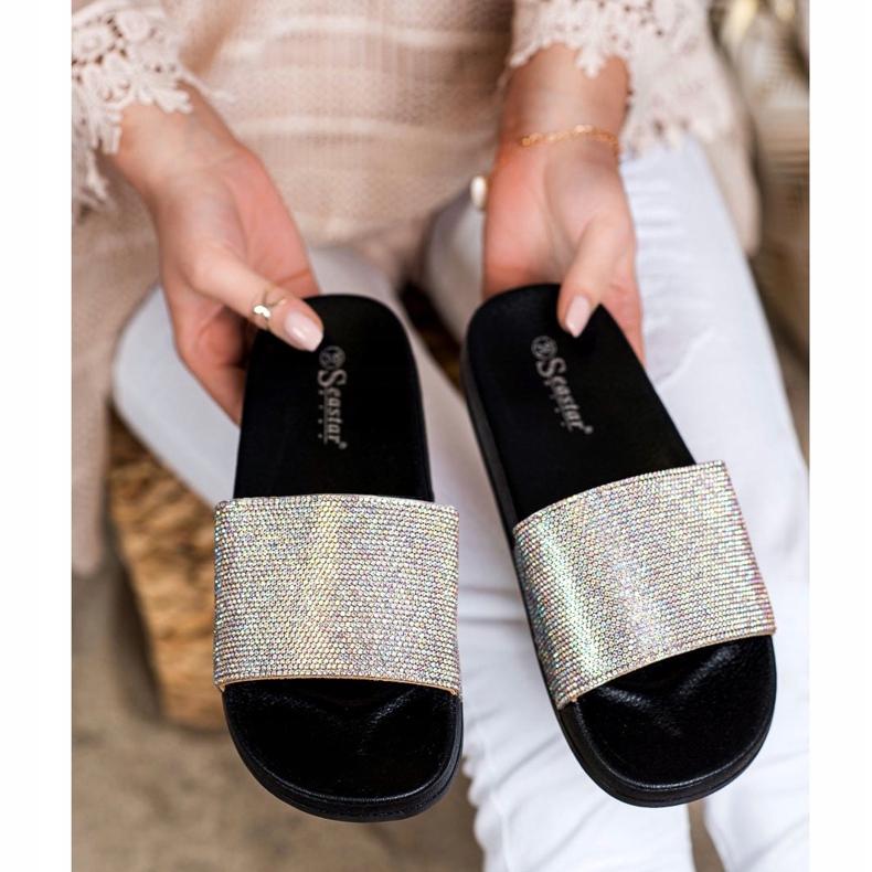 Seastar Chinelos com cristais preto prata 1 Seastar Chinelos com cristais preto prata 1