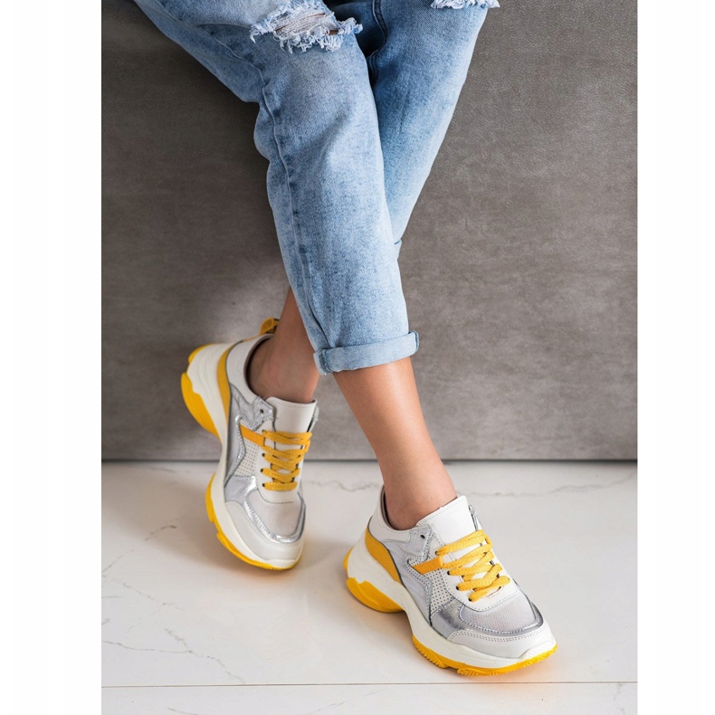 Goodin Tênis de couro com inserções de prata branco multicolorido 1 Goodin Tênis de couro com inserções de prata branco multicolorido 1