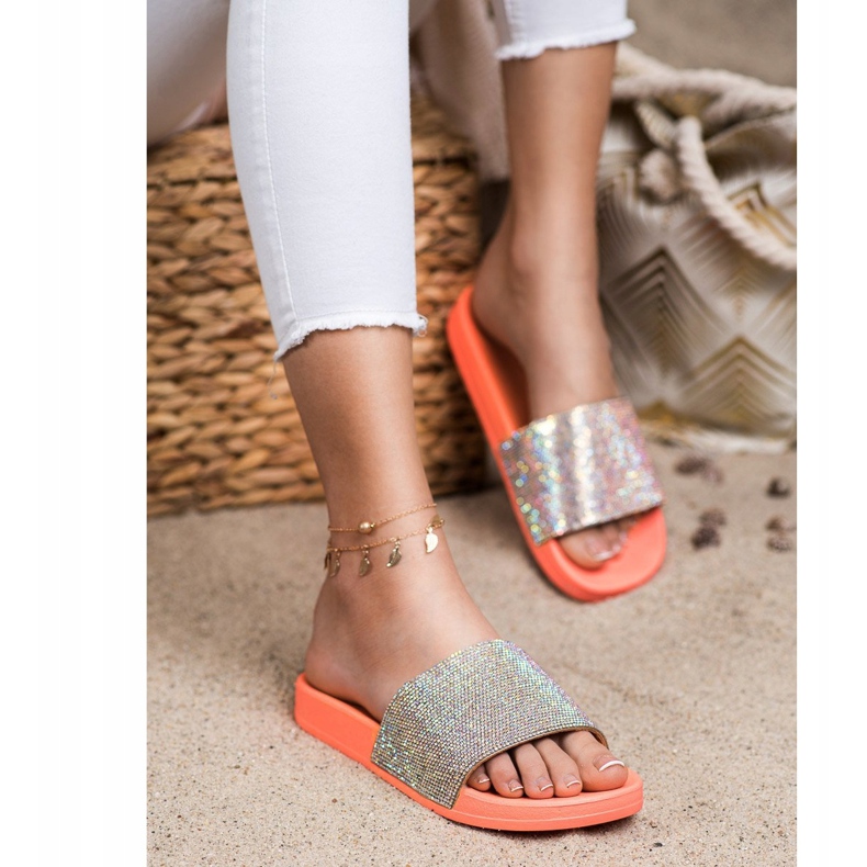 Seastar Chinelos com cristais laranja prata 1