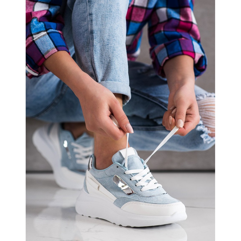 SHELOVET Tênis de camurça elegantes branco azul 2