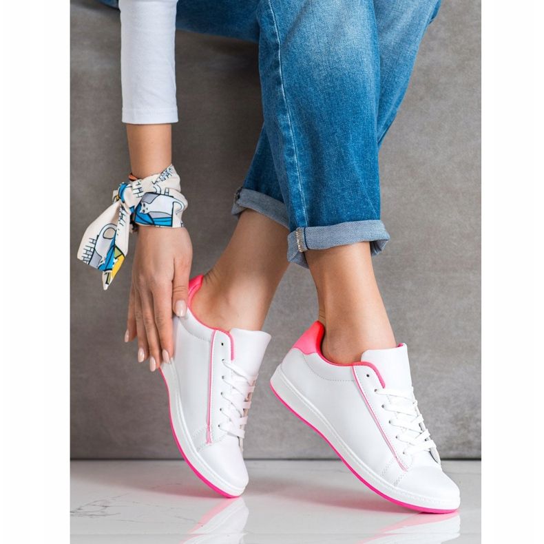 SHELOVET Tênis de cano baixo com couro ecológico branco rosa 1