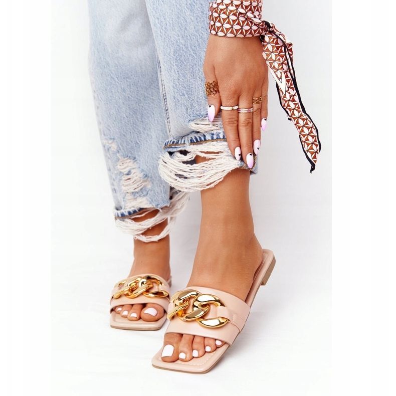 Chinelos De Couro Com Uma Corrente Nude French Kiss bege multicolorido 1