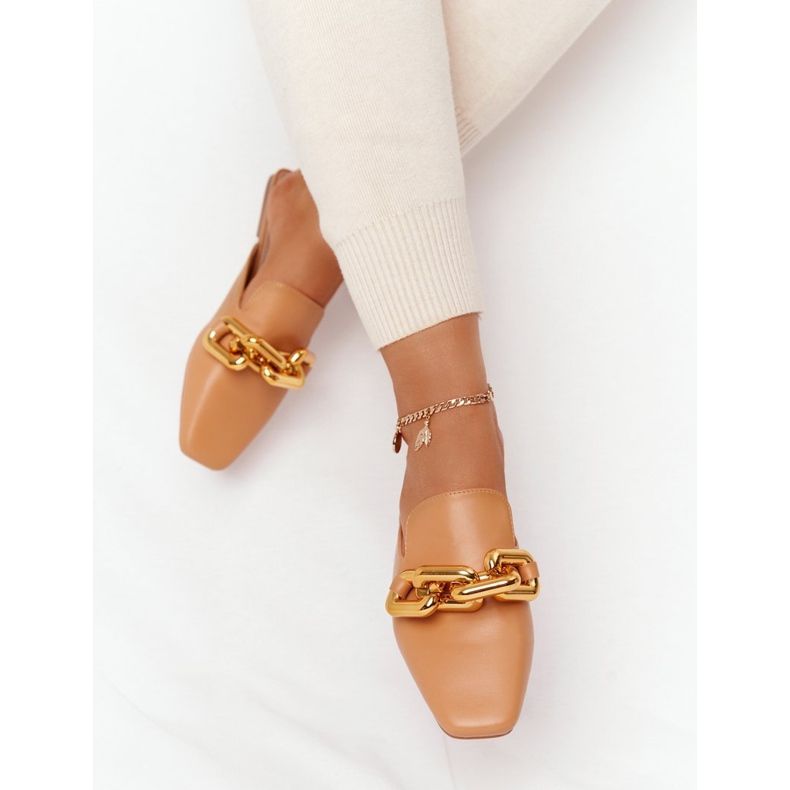 PS1 Chinelos com parte superior e corrente de camelo chamam por mim marrom dourado 2