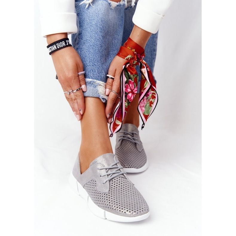 EVE Calçados esportivos de couro feminino cinza para viagem diurna prata 2