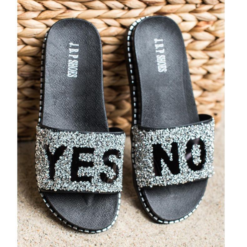 SHELOVET Chinelos elegantes com cristais preto prata 2