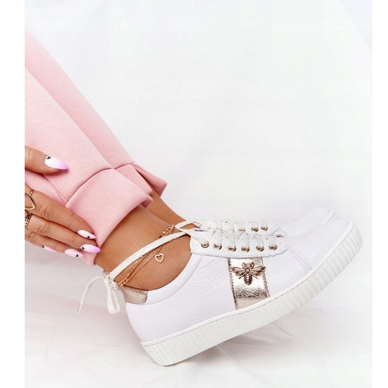 Lewski Shoes Sapatilhas de couro feminino. Sapatos Lewski 2786-0 branco e dourado 1