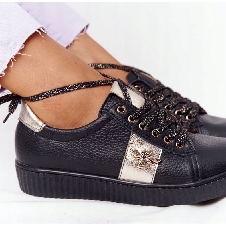 Lewski Shoes Sapatilhas de couro feminino. Sapatos Lewski 2786-0 preto-ouro dourado 1