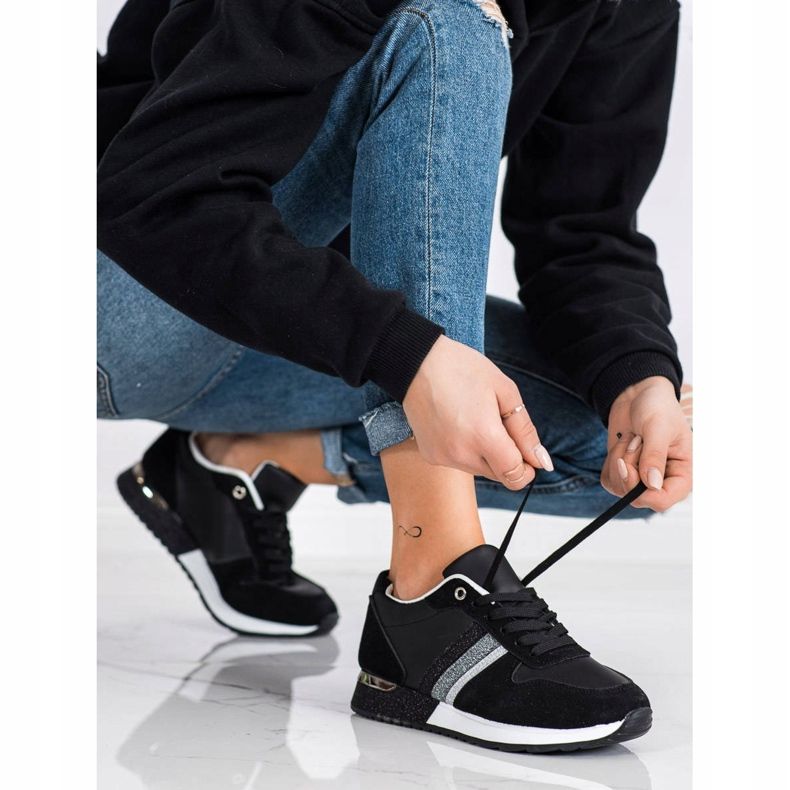 SHELOVET Tênis pretos com plataforma brilhante prata 1