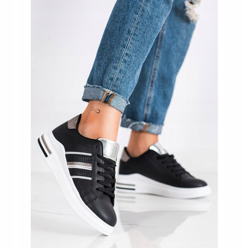 SHELOVET Calçados esportivos casuais pretos prata 2