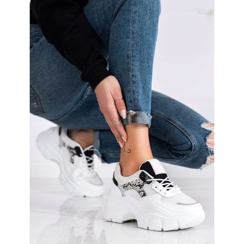 SHELOVET Tênis elegantes com brilho branco preto prata 2