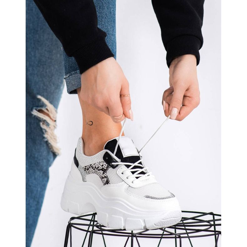SHELOVET Tênis elegantes com brilho branco preto prata 1