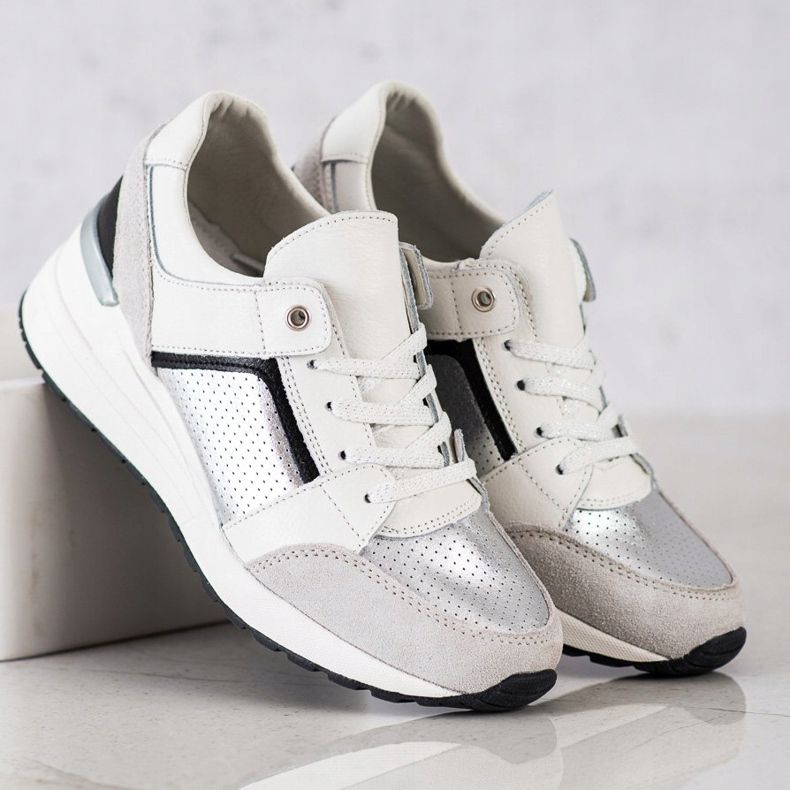 Goodin Tênis de couro branco e prata preto cinza 2