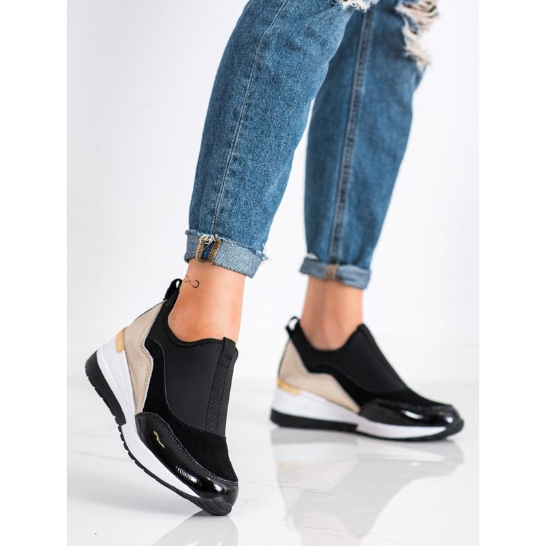 Goodin Tênis de couro cunha preto dourado 2