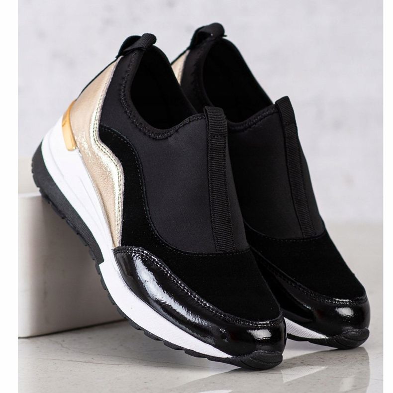 Goodin Tênis de couro cunha preto dourado 1