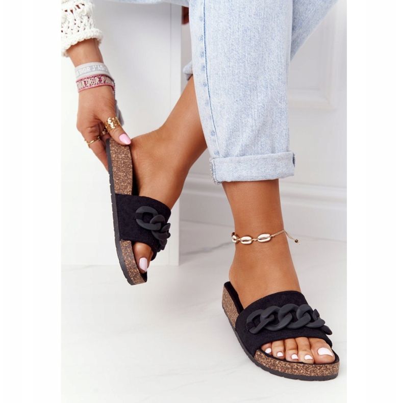 MSMG Chinelos de camurça Makayla pretos com sola de cortiça 1