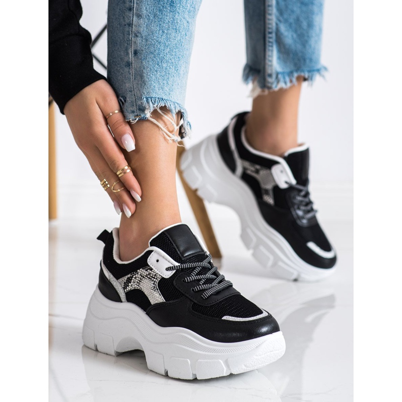 SHELOVET Tênis elegantes com brilho preto 2