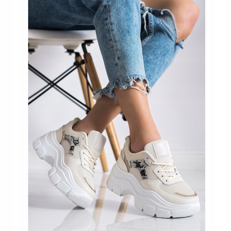 SHELOVET Tênis elegantes com brilho bege 2